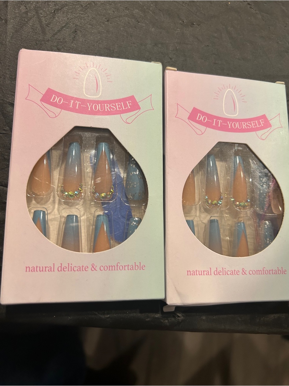 Blue Ombre Press-On Nail Set with Rhinestones lot of two